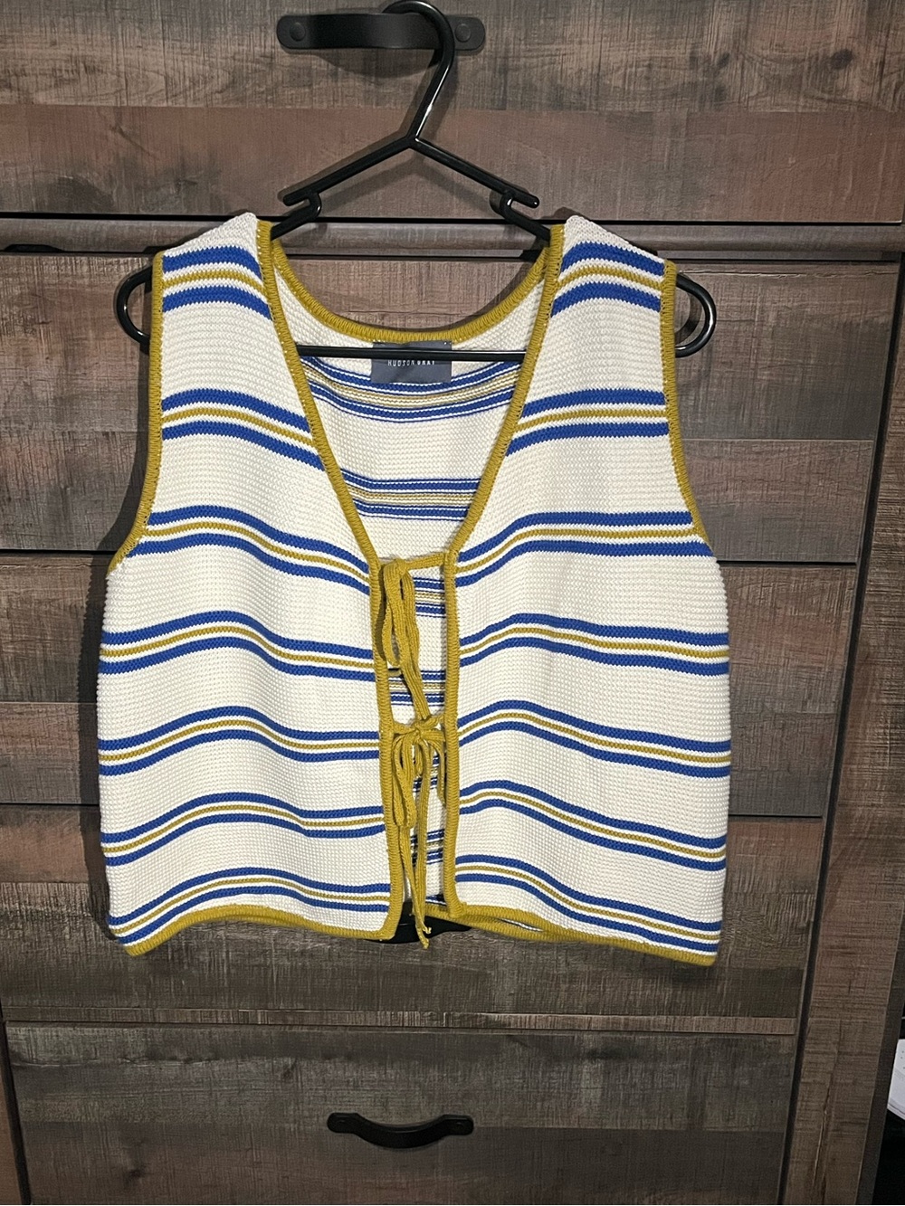 Hudson Gray Striped Knit Tie-Front Vest in White, Blue & Mustard
